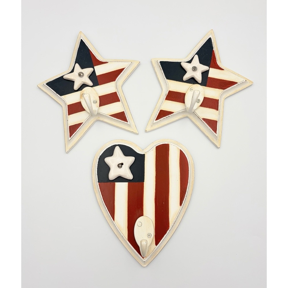 Vintage Patriotic Wall Hooks Set 3 Star Heart American Flag 4th of July 2005